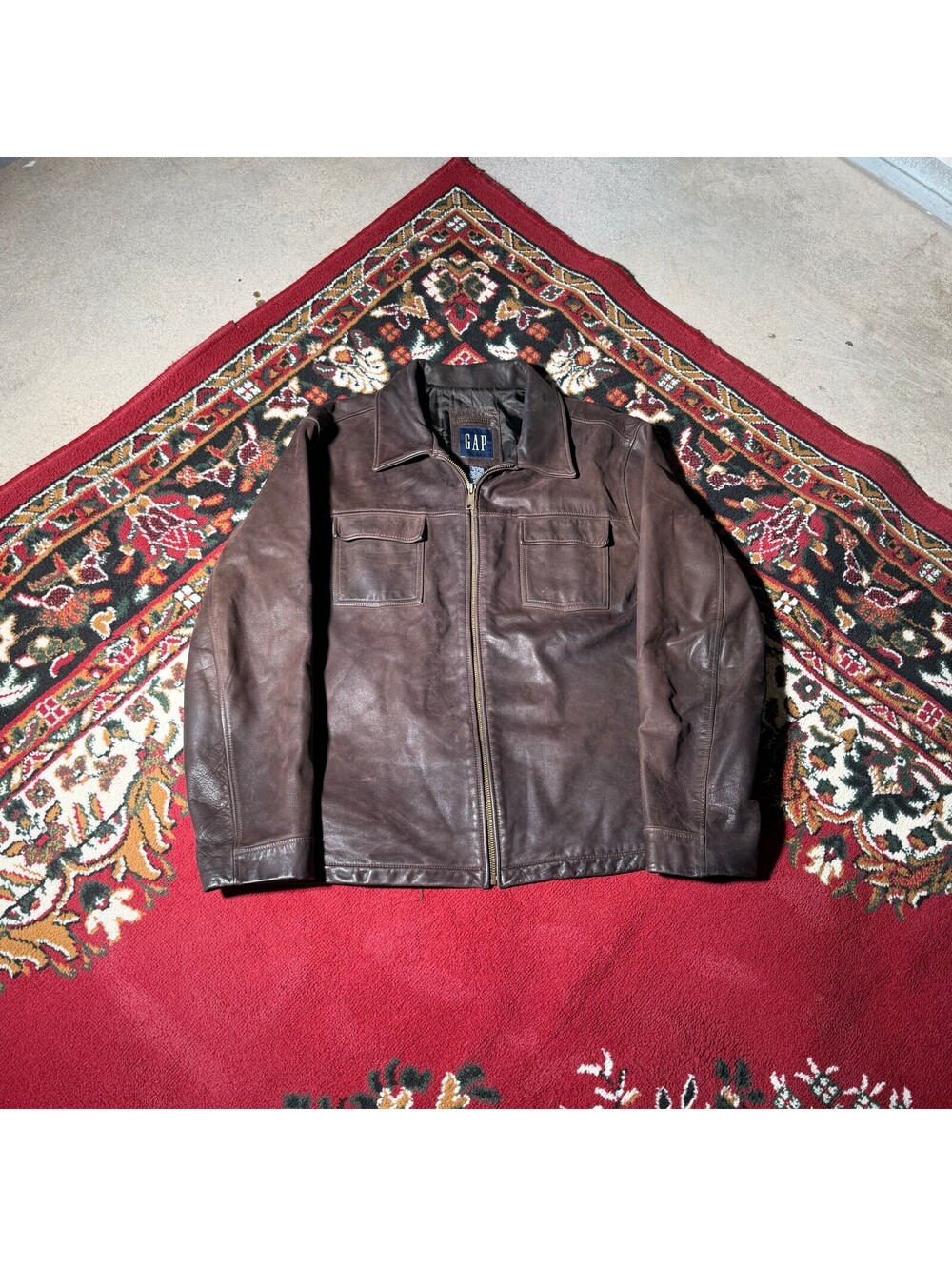 Gap Brown Cow Leather Zip Front Trucker Jacket L